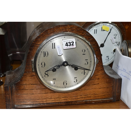 432 - FIVE WOODEN CASED MANTEL CLOCKS, comprising one clock with satinwood inlay decoration and four oak c... 