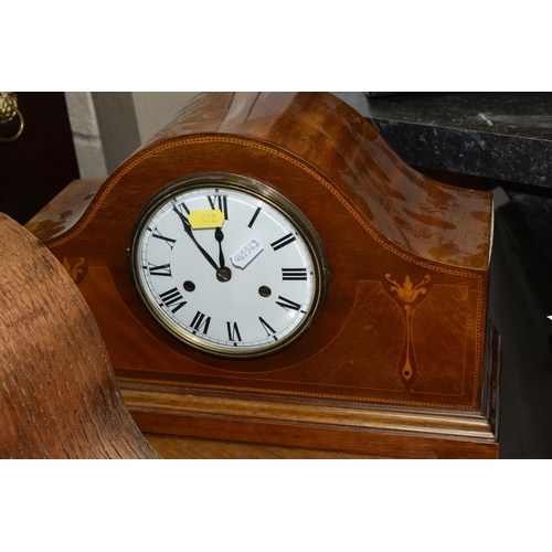 432 - FIVE WOODEN CASED MANTEL CLOCKS, comprising one clock with satinwood inlay decoration and four oak c... 