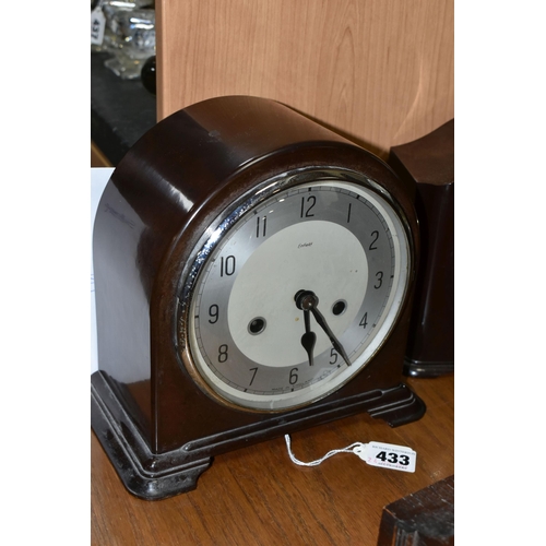 433 - THREE MANTEL CLOCKS, comprising a Bakelite Enfield 1920's art deco clock with chrome bezel, an art d... 