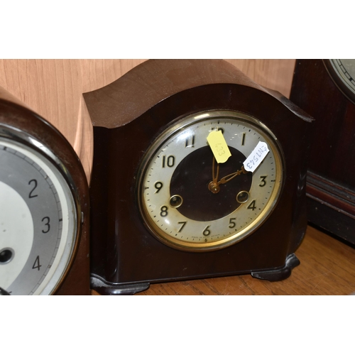 433 - THREE MANTEL CLOCKS, comprising a Bakelite Enfield 1920's art deco clock with chrome bezel, an art d... 