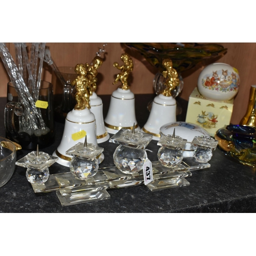 437 - A GROUP OF GLASSWARE, to include an individual glass ice bucket and tongs with two nibbles dishes im... 