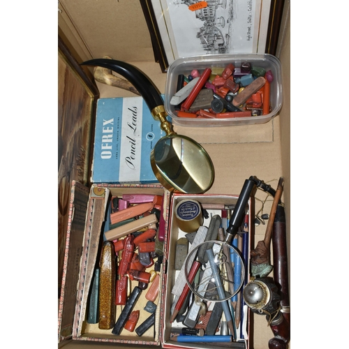 439 - A BOX AND LOOSE OF LAMPS, PICTURES, PIPES AND VINTAGE STATIONERY ITEMS, to include a pair of table l... 