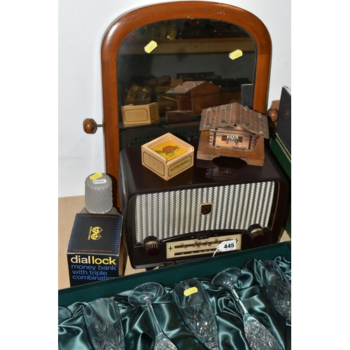 445 - TWO BOXES AND LOOSE RADIO, GLASS, BOOKS AND SUNDRY ITEMS, to include a Bakelite Ultra radio, a boxed... 