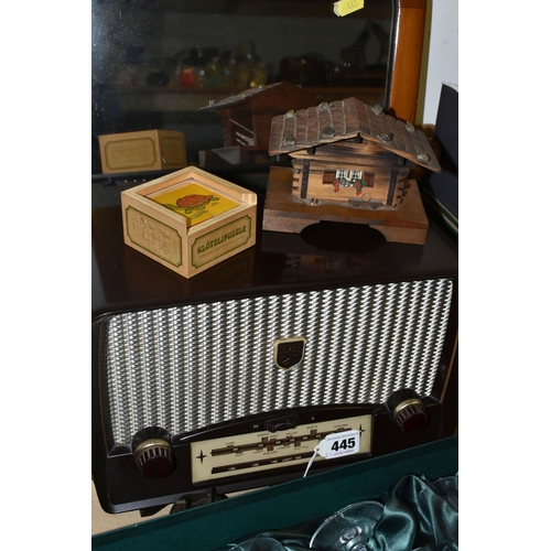 445 - TWO BOXES AND LOOSE RADIO, GLASS, BOOKS AND SUNDRY ITEMS, to include a Bakelite Ultra radio, a boxed... 