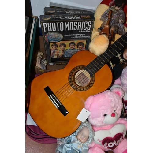 446 - TWO BOXES AND LOOSE GUITAR, PUZZLES AND TOYS, to include a cased 3/4 sized Valencia acoustic guitar,... 