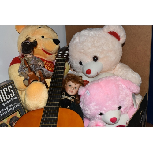 446 - TWO BOXES AND LOOSE GUITAR, PUZZLES AND TOYS, to include a cased 3/4 sized Valencia acoustic guitar,... 