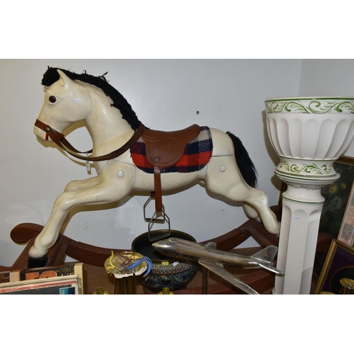 448 - A BOX AND LOOSE ROCKING HORSE, CERAMICS, RECORDS, METAL WARES AND SUNDRY ITEMS, to include a vintage... 