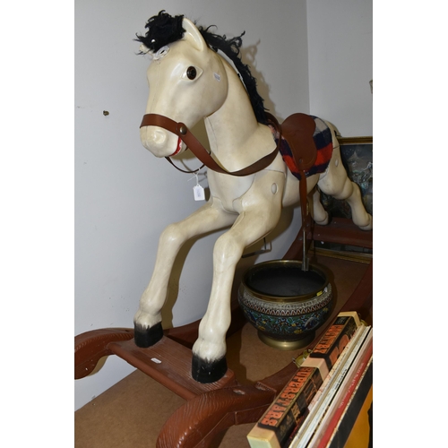 448 - A BOX AND LOOSE ROCKING HORSE, CERAMICS, RECORDS, METAL WARES AND SUNDRY ITEMS, to include a vintage... 