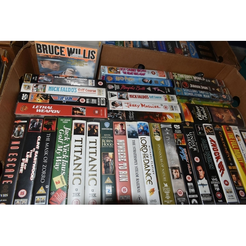 452 - FOUR BOXES OF VHS TAPES, DVDS AND CDS, to include approximately one hundred VHS tapes including Disn... 