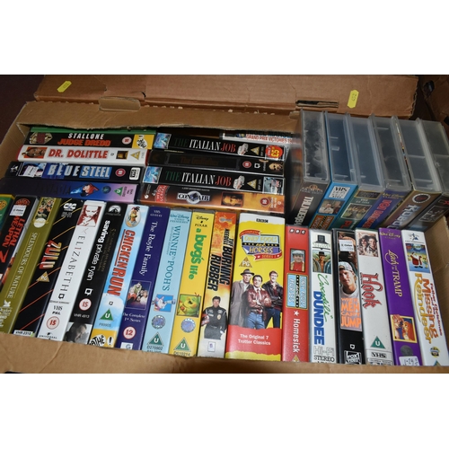 452 - FOUR BOXES OF VHS TAPES, DVDS AND CDS, to include approximately one hundred VHS tapes including Disn... 