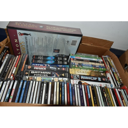 452 - FOUR BOXES OF VHS TAPES, DVDS AND CDS, to include approximately one hundred VHS tapes including Disn... 