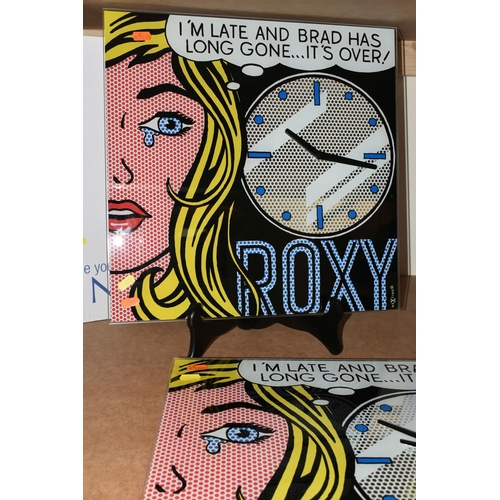 468 - THREE NEXT POP ART GLASS WALL CLOCKS, Nextime 'See You' design, size 43cm x 43cm battery operated, t... 