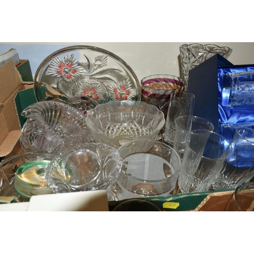 469 - FOUR BOXES OF GLASSWARE, to include a Polish Krosno whisky glass with an opaque golf ball design in ... 