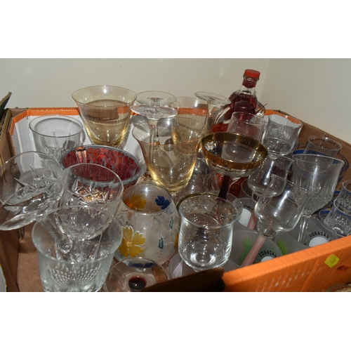 469 - FOUR BOXES OF GLASSWARE, to include a Polish Krosno whisky glass with an opaque golf ball design in ... 