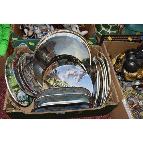 470 - FOUR BOXES OF ORNAMENTS AND COLLECTOR'S PLATES, to include assorted figurines, wall plaques, Buddha ... 