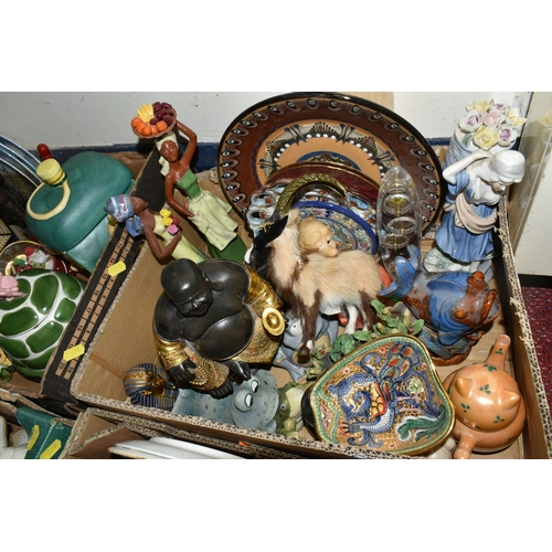 470 - FOUR BOXES OF ORNAMENTS AND COLLECTOR'S PLATES, to include assorted figurines, wall plaques, Buddha ... 