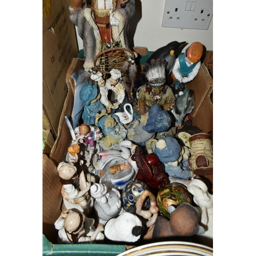 470 - FOUR BOXES OF ORNAMENTS AND COLLECTOR'S PLATES, to include assorted figurines, wall plaques, Buddha ... 