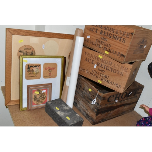 478 - THREE WOODEN WINE CRATES AND FRAMED VINTAGE BEER MATS, comprising a set of framed Pedigree beer mats... 