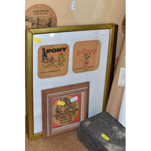 478 - THREE WOODEN WINE CRATES AND FRAMED VINTAGE BEER MATS, comprising a set of framed Pedigree beer mats... 