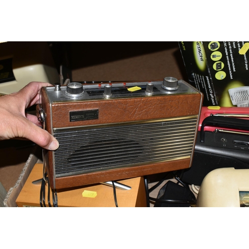 479 - TWO BOXES OF VINTAGE RADIO RECIEVERS AND METALWARE, to include a cream Bakelite cased Bush radio typ... 