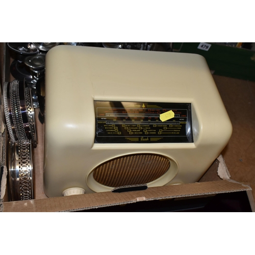 479 - TWO BOXES OF VINTAGE RADIO RECIEVERS AND METALWARE, to include a cream Bakelite cased Bush radio typ... 