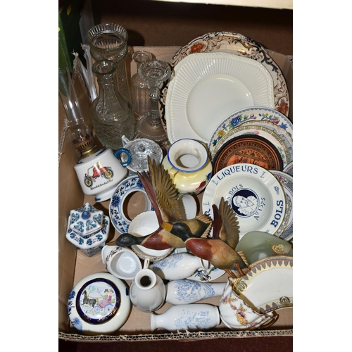 480 - TWO BOXES OF CERAMICS AND SUNDRIES, to include a Bols liqueurs ashtray, a Wedgwood 'Edme' cake plate... 