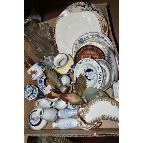 480 - TWO BOXES OF CERAMICS AND SUNDRIES, to include a Bols liqueurs ashtray, a Wedgwood 'Edme' cake plate... 