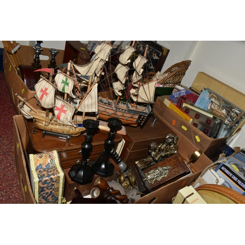 481 - SIX BOXES OF MISCELLANEOUS SUNDRIES, to include a musical jewellery box, four model ships, oak and b... 