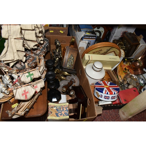 481 - SIX BOXES OF MISCELLANEOUS SUNDRIES, to include a musical jewellery box, four model ships, oak and b... 