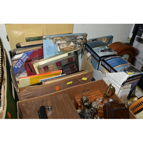 481 - SIX BOXES OF MISCELLANEOUS SUNDRIES, to include a musical jewellery box, four model ships, oak and b... 