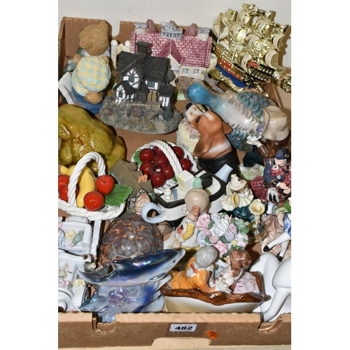 482 - FOUR BOXES OF CERAMIC ORNAMENTS, to include Oriental figurines, Foo dogs, novelty teapots, Buddha fi... 