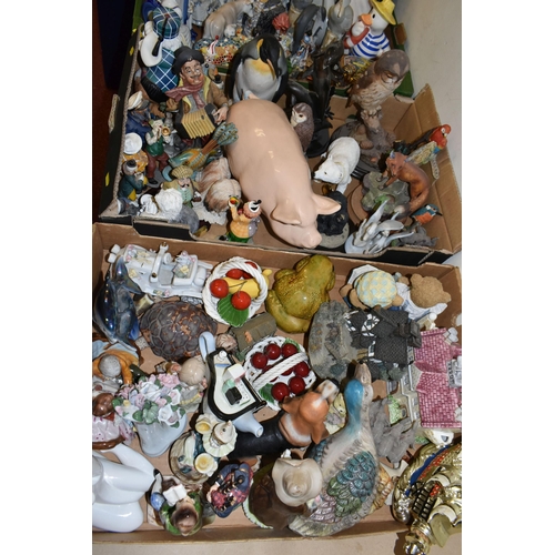 482 - FOUR BOXES OF CERAMIC ORNAMENTS, to include Oriental figurines, Foo dogs, novelty teapots, Buddha fi... 