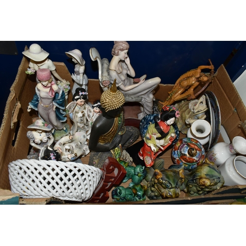 482 - FOUR BOXES OF CERAMIC ORNAMENTS, to include Oriental figurines, Foo dogs, novelty teapots, Buddha fi... 