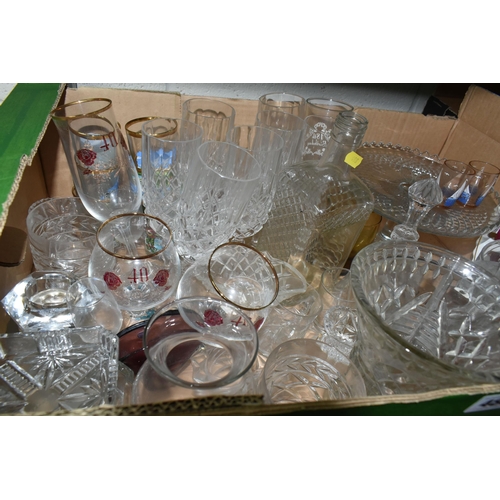 488 - FOUR BOXES GLASSWARE, VINTAGE TINS AND SUNDRIES, to include a Wild Woodbine Cigarettes Royal commemo... 