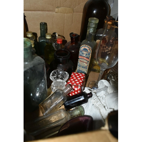 488 - FOUR BOXES GLASSWARE, VINTAGE TINS AND SUNDRIES, to include a Wild Woodbine Cigarettes Royal commemo... 