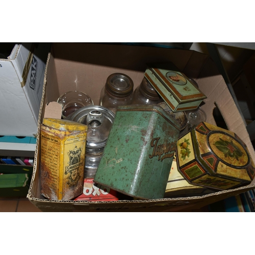 488 - FOUR BOXES GLASSWARE, VINTAGE TINS AND SUNDRIES, to include a Wild Woodbine Cigarettes Royal commemo... 