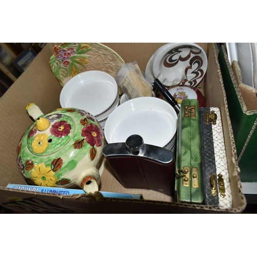 493 - FOUR BOXES AND LOOSE TABLE LAMPS, CERAMICS AND GLASS WARES, to include Duchess 'Indian Tree' pattern... 