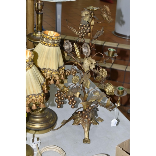 508 - A GROUP OF BRASS TABLE LAMPS, together with a French Provincial grape and wheat sheaf harvest motif ... 