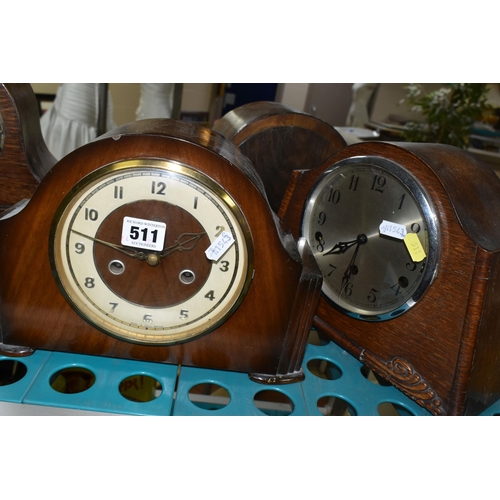 511 - FIVE EARLY TO MID 20TH CENTURY WOODEN CASED DOME TOP MANTEL CLOCKS, including a Smiths Enfield and a... 