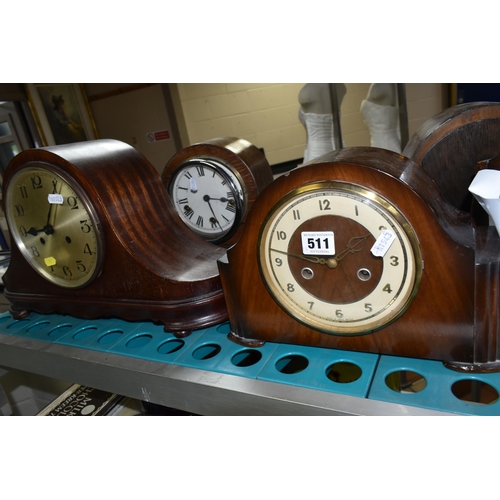 511 - FIVE EARLY TO MID 20TH CENTURY WOODEN CASED DOME TOP MANTEL CLOCKS, including a Smiths Enfield and a... 