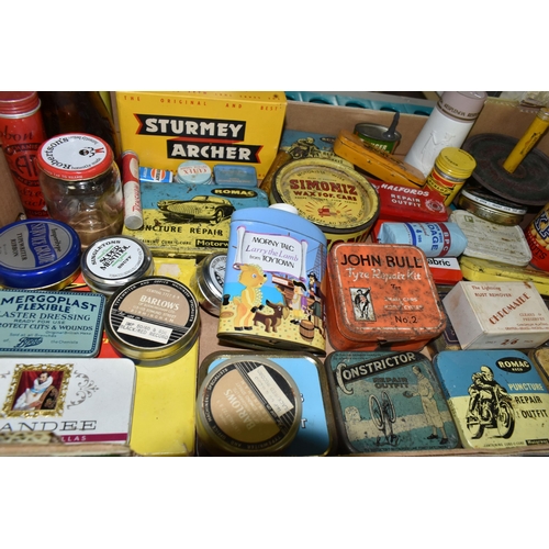 512 - TWO BOXES OF ASSORTED VINTAGE AND LATER TINS, printed with Romac puncture repair, Simonoz wax for ca... 