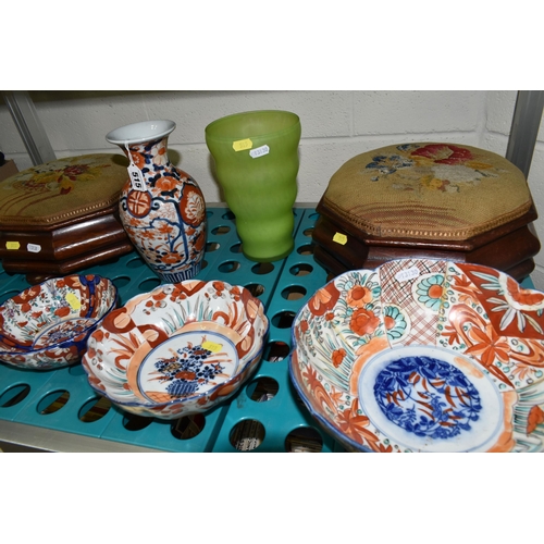 515 - A PAIR OF VICTORIAN OCTAGONAL WALNUT TAPESTRY TOP FOOTSTOOLS, FIVE PIECES OF JAPANESE IMARI PORCELAI... 