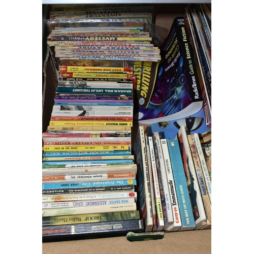 516 - THREE BOXES OF BOOKS & MAGAZINES, a quantity of miscellaneous titles in paperback format, subjects a... 