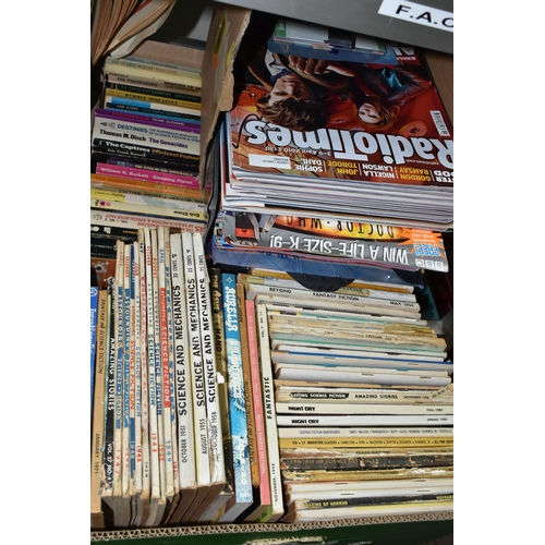 516 - THREE BOXES OF BOOKS & MAGAZINES, a quantity of miscellaneous titles in paperback format, subjects a... 