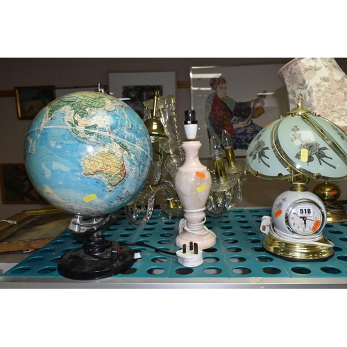 518 - AN ITALIAN GLOBE LAMP, FOUR VARIOUS TABLE LAMPS AND A MODERN GLASS CHANDELIER, one lamp with quartz ... 