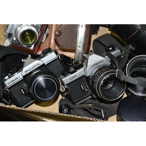 524 - A BOX OF VINTAGE PHOTOGRAPHIC EQUIPMENT, to include a Fujica ST605N SLR film camera with 55mm f2.2 l... 