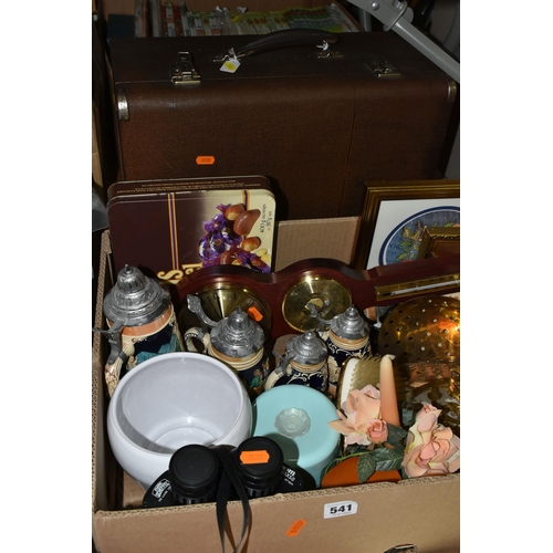 541 - THREE BOXES AND LOOSE SUNDRY ITEMS ETC, to include a Singer 99K sewing machine in hard case, German ... 