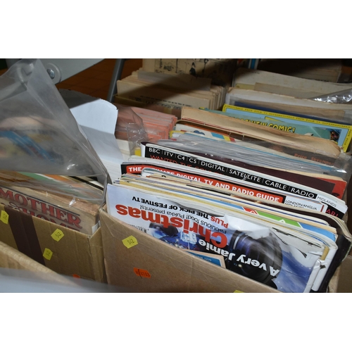 542 - THREE BOXES OF COMICS & MAGAZINES to include Modern Wonder, Look In, Record Collector, Mother and Ho... 