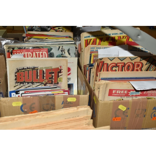 552 - FOUR BOXES OF COMICS MAGAZINES & BOOKS to include Roy of the Rovers, The Rover, Lion, Cheek, Warlord... 