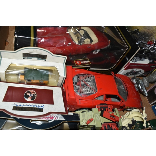 561 - A BOX OF DIECAST TOYS ETC, to include a boxed Burago Jaguar E Cabriolet 1/18th scale, unboxed Burago... 